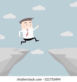 ilustración de un hombre de negocios saltando sobre un acantilado, vector eps10