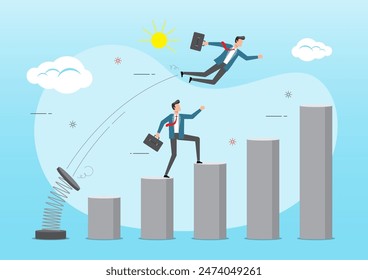 An illustration of businessman jumping springboard to outsmart competitor overtake business winning, smart way to win business concept, 