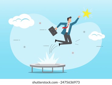 An illustration of Businessman jumps on a trampoline to reach the star, smart way to win business concept.