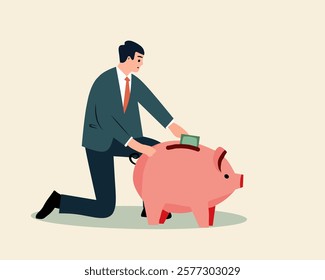 Illustration of a businessman kneeling while inserting a coin into a pink piggy bank, symbolizing savings, financial planning, and investment concepts