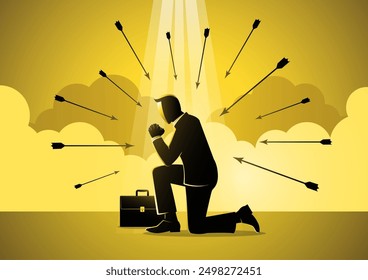 An illustration of businessman kneels and asks god for protection from adverse circumstances. Business religion concept