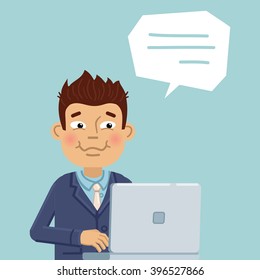 Illustration of a businessman with laptop. Cheerful businessman at work, office worker. Flat style vector illustration