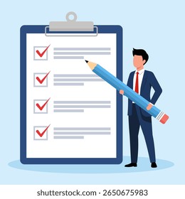 Ilustração de um homem de negócios com um grande lápis que verifica as tarefas em uma área de transferência, simbolizando a conclusão do projeto e a produtividade.