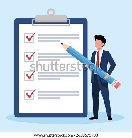Illustration of a businessman with a large pencil checking off tasks on a clipboard, symbolizing project completion and productivity.