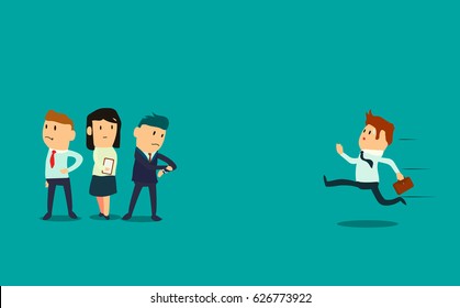 Illustration of the businessman late running to work in a hurry while his coworkers waiting for him. Flat style vector illustration of lateness.