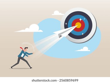 An illustration of businessman launching paper plane origami flying through dartboard or archer bullseye target. Business goal or target, win business competition or motivation concept