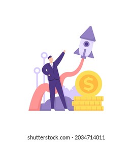 illustration of a businessman launching a rocket into space or into the sky. pile of coins. the concept of starting a business, startup, start-up company. pioneers. flat cartoon style. vector design