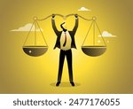 An illustration of a businessman leader lift balance ethical scale. Balance and justice for leadership concept