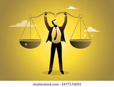 An illustration of a businessman leader lift balance ethical scale. Balance and justice for leadership concept