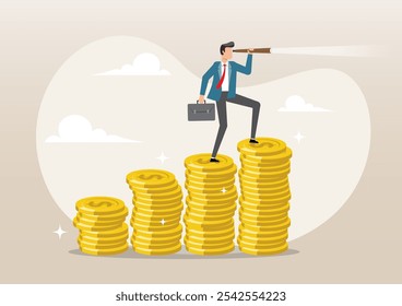 An illustration of businessman leader on growth money stack using telescope or spyglass looking forward for bright future. Financial visionary, investment growth, economic forecast concept