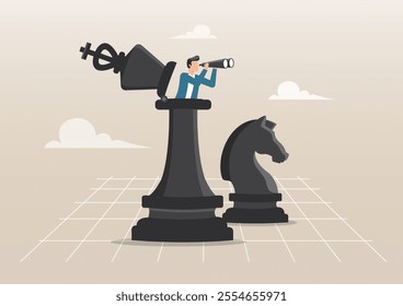 An illustration of businessman leader open chess king with binocular to look ahead. Success strategy, leadership vision or looking for opportunity, competitor analysis concept