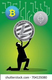 An illustration of businessman lifting crypto currency