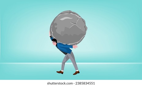 Illustration of a businessman lifting a large stone suitable for describing responsibility, burden, very big problem, too much work load flat design vector illustration