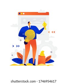 Illustration of a businessman with a light bulb and a cup. Vector. Metaphor. A man on the background of the interface window. Winning business and achieving your goals through creativity.