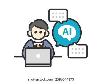 An illustration of a businessman (line drawing color), seen from the front, who works using AI.