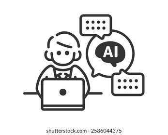 An illustration of a businessman (line drawing), seen from the front, who works using AI.