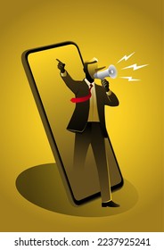 An illustration of a businessman with long nose comes out from cellphone using megaphone, liar, hoax or fake news