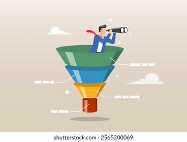 An illustration of businessman look binoculars in marketing funnel. Marketing funnel sales prospect discovery, insight or customer data analysis, conversion rate concept