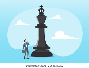 An illustration of Businessman look high at big chess king. Intellectual game, strategy, politics concept