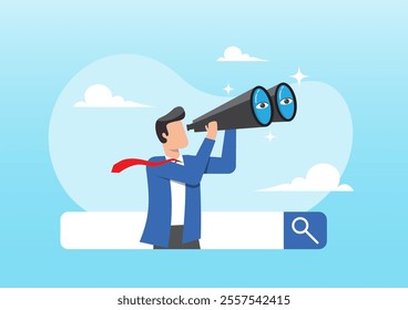 An illustration of businessman look with spyglass, binoculars on search bar. Search and discovery career or job opportunity, marketing insight, find new success, research or observation concept