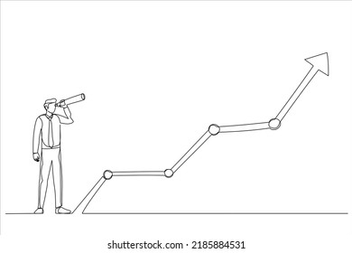 Illustration of businessman look through telescope to see investment growing graph. Economy prediction or forecast. One line art style