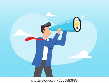 An illustration of businessman look through telescope to find lightbulb idea. Product discovery, searching for innovation, creativity or smart solution, finding success concept