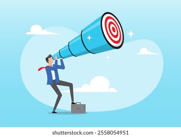 An illustration of businessman look through telescope to find target or goal. Search for business target or goal, discover purpose or find strategy to reach goal or destination concept