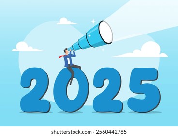 An illustration of businessman look through telescope on year 2025. Year 2025 outlook, business opportunity or new challenge ahead, plan and perspective concept