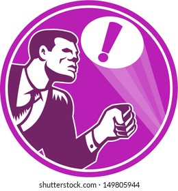 Illustration of a businessman looking up about to respond to emergency signal spotlight in sky with exclamation point viewed from front set inside circle done in retro woodcut style.