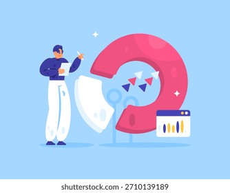 Ilustración de un hombre de negocios mirando un gráfico de datos. Análisis de datos e información, informes de ventas comerciales, ganancias e ingresos. Análisis de datos. Concepto o metáfora. Diseño plano. Fondo azul.