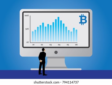 An illustration of businessman looking at giant screen with graphic chart