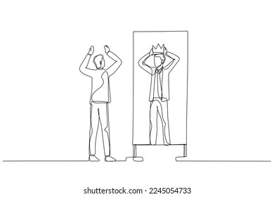 Illustration of businessman looking into better self putting crown in head. Single continuous line art style