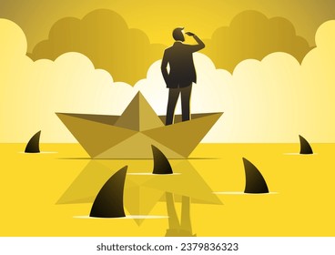 An illustration of a businessman Looking Into Future In Paper Ship in the sea with full of sharks