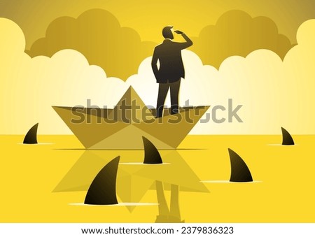 An illustration of a businessman Looking Into Future In Paper Ship in the sea with full of sharks