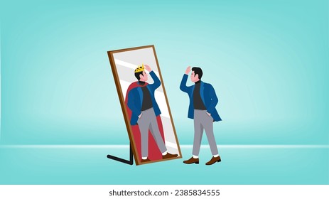 Ilustración de un hombre de negocios mirando en el espejo con la imagen de sí mismo como un rey adecuado para describir liderazgo, confiado, conocerse a sí mismo ilustración plana de vector de diseño