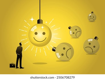 An illustration of businessman looking up to smiley emoticon. The concept of positive emotions, Thinking positively and growth mindset concept design, Business concept