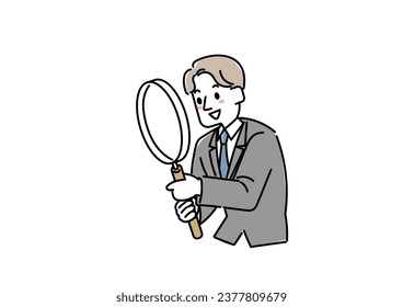 Illustration of a businessman looking through a large magnifying glass