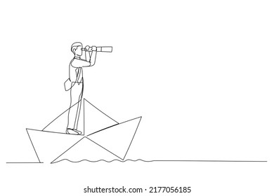 Illustration of businessman looks through a telescope standing on paper boat vector, business concept illustration. One continuous line art style
