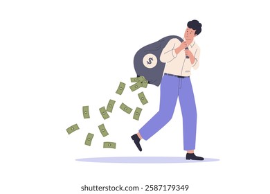 Illustration of businessman losing money concept. Man holding falling money. Illustrations for websites, landing pages, mobile apps, posters and banners