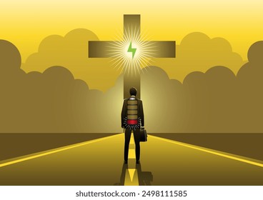 An illustration of a businessman with a low battery standing on the road facing a cross that is glowing green with electricity
