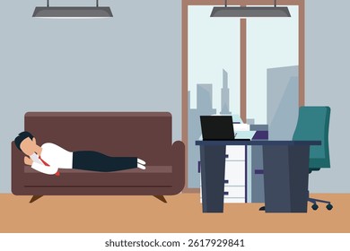 Illustration of a businessman lying on a sofa in an office, possibly taking a break or resting