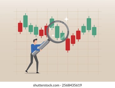 An illustration of businessman with magnifier on globe with chart and graph. World economic analysis, global investment, forecast and analyze financial information concept