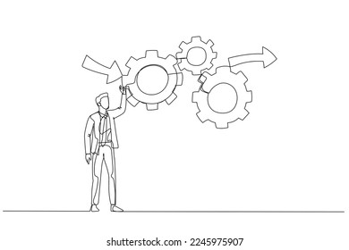 Illustration of businessman make cogwheels work effective and efficient for best result concept of workflow management. Single line art style