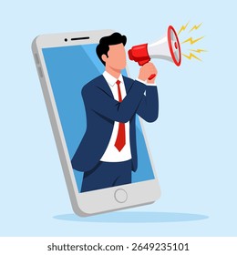 Illustration of a Businessman is making announcements on his mobile phone to promote online communication.
