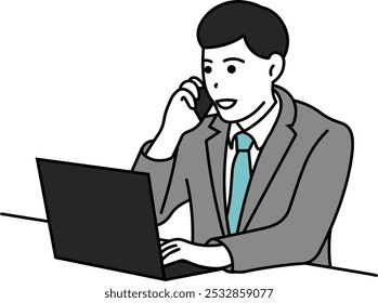 Illustration of a businessman making a phone call while operating a computer