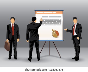 Illustration of businessman making a presentation in front of a board