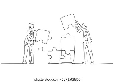 Illustration of businessman making puzzle tower. Concept of teamwork. Single line art style