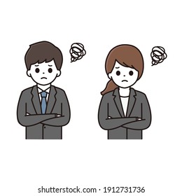 Illustration of a businessman man and woman with arms folded with a troubled face