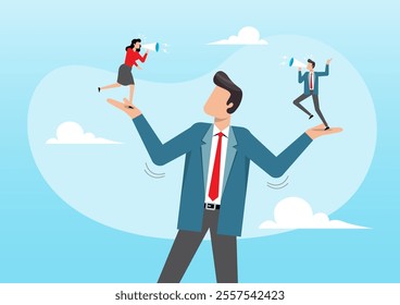 An illustration of businessman manager or boss listening to employees shouting on both his hands. Employee voice, choose to believe in truth, fact or liar team member concept