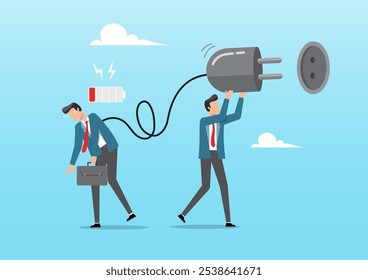 An illustration of businessman manager holding huge electric plug to recharge low battery exhausted businessman worker. Recharge energy to exhausted fatigue office employee, burn out concept